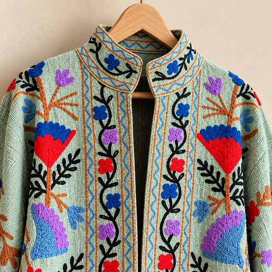 Green Hand Embroidered Suzani Cotton Jacket For Women's, Floral Embroidered Bomber Jacket New Style Bohemian Winter wear Coat Christmas Gift