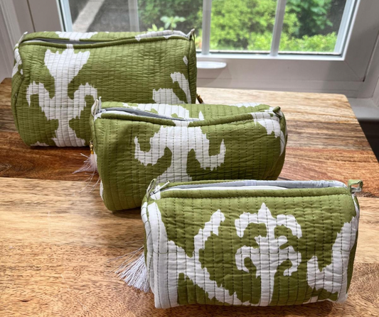Green & White Block Printed Toiletry Bag - Set of 3