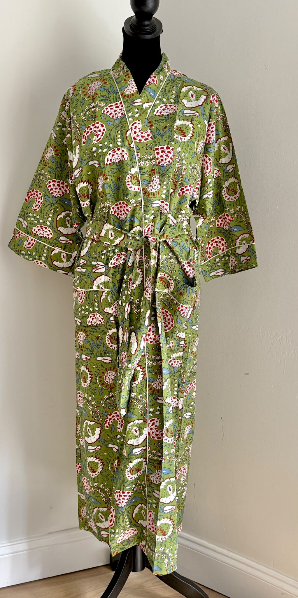 Traditional Indian Block Print Cotton Kimono | Olive Green & Crimson Floral Motif Spa & Lounge Robe | Gift For Her