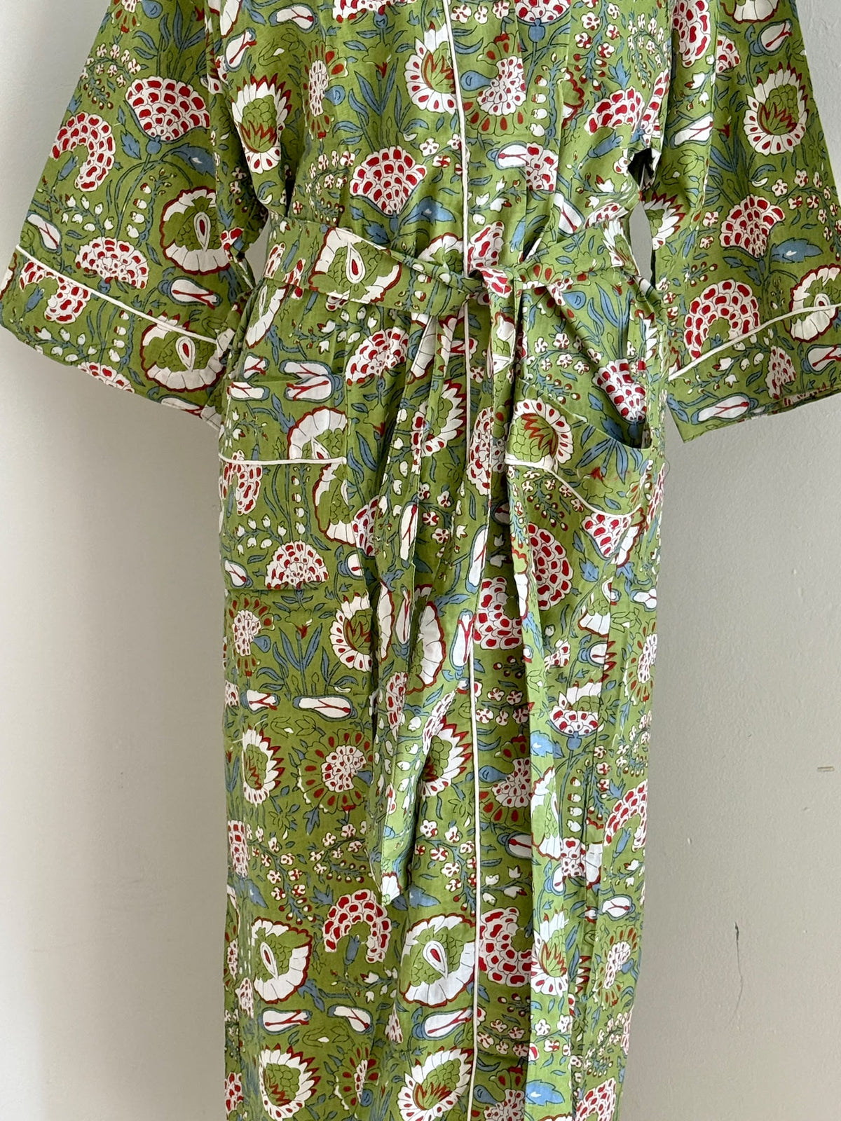 Traditional Indian Block Print Cotton Kimono | Olive Green & Crimson Floral Motif Spa & Lounge Robe | Gift For Her