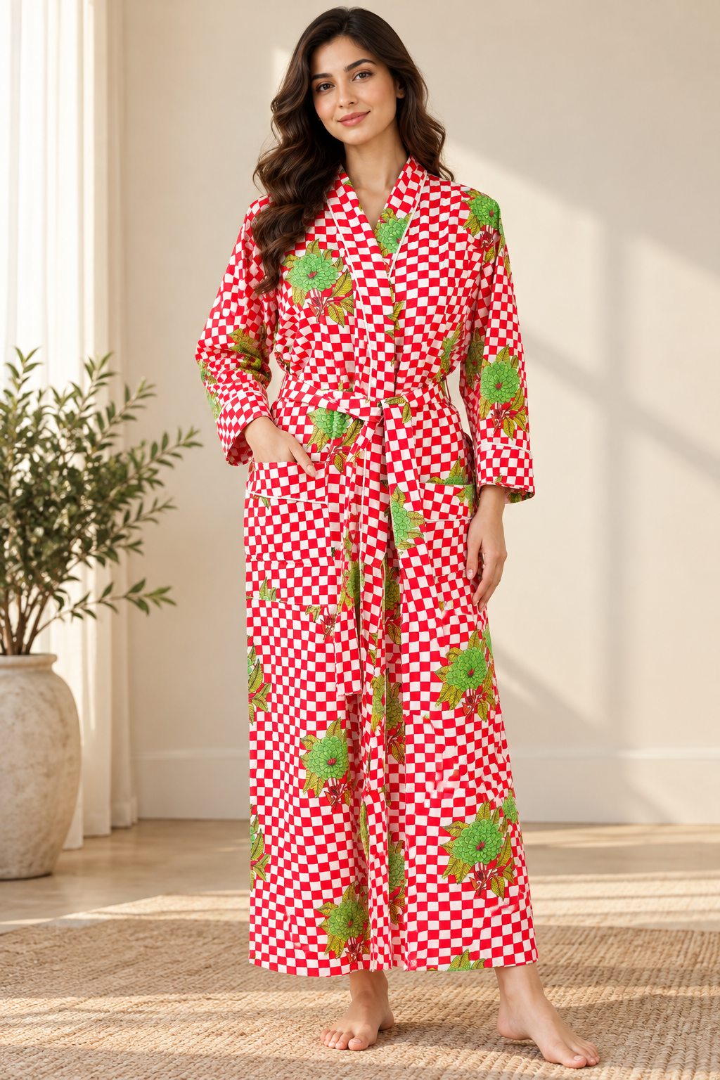 Block Print Cotton Kimono Robe | Red & White Checkered with Green Floral Lounge Robe | Spa & Sleepwear