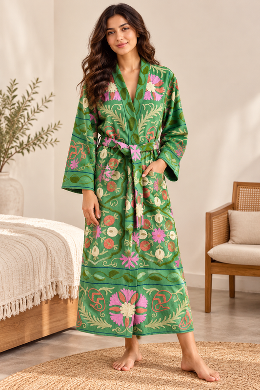 Emerald Green Cotton Suzani Embroidered Kimono | Pink Blossom Floral Motif Boho Resort Bathrobe & Spa Coat