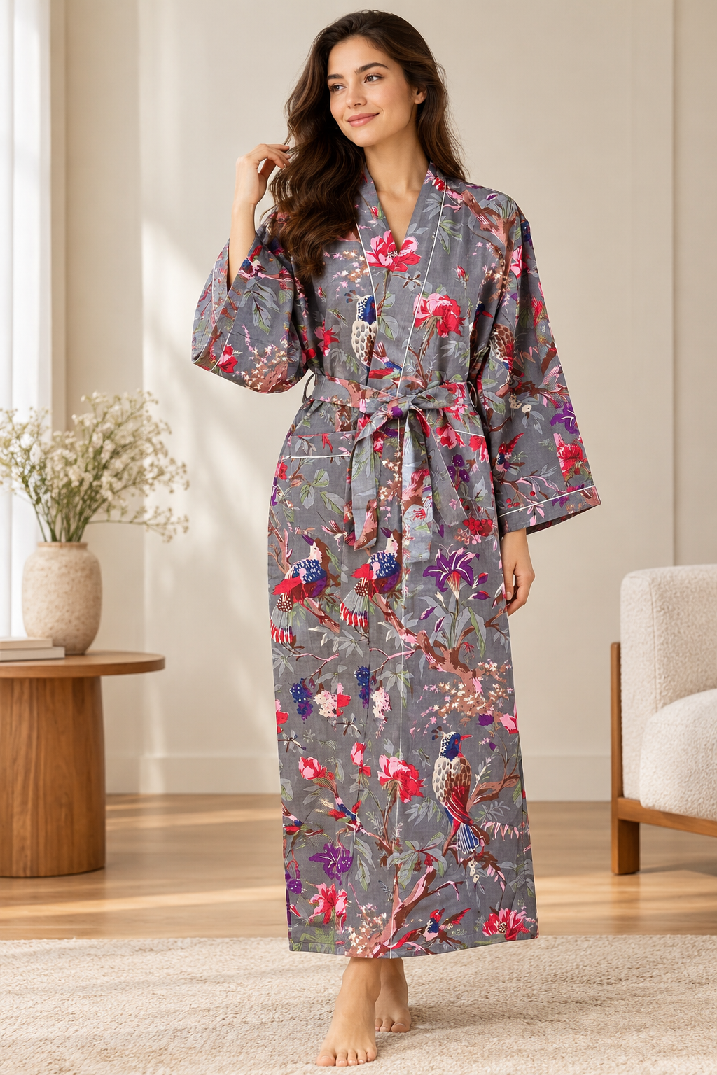 Block Printed Grey Cotton Kimono | Floral & Exotic Bird Motif Lounge Robe | Bohemian Sleepwear