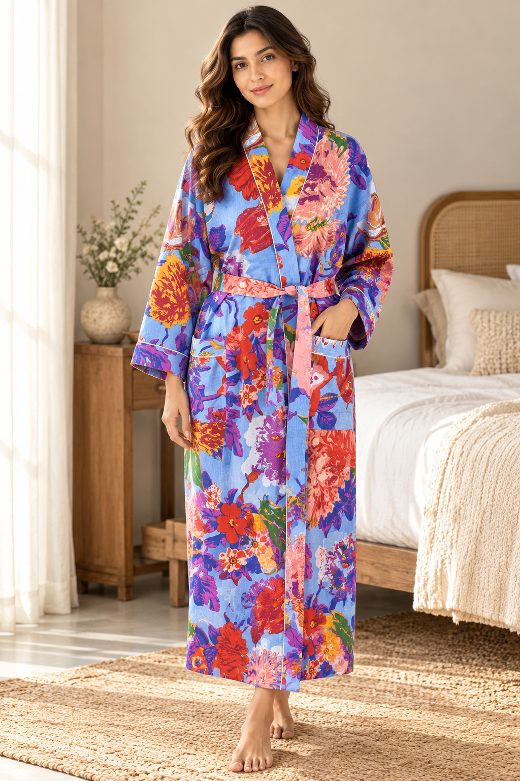 Block Print Cotton Kimono Robe | Blue, Red & Yellow Vibrant Floral Garden Lounge Robe | Spa & Sleepwea