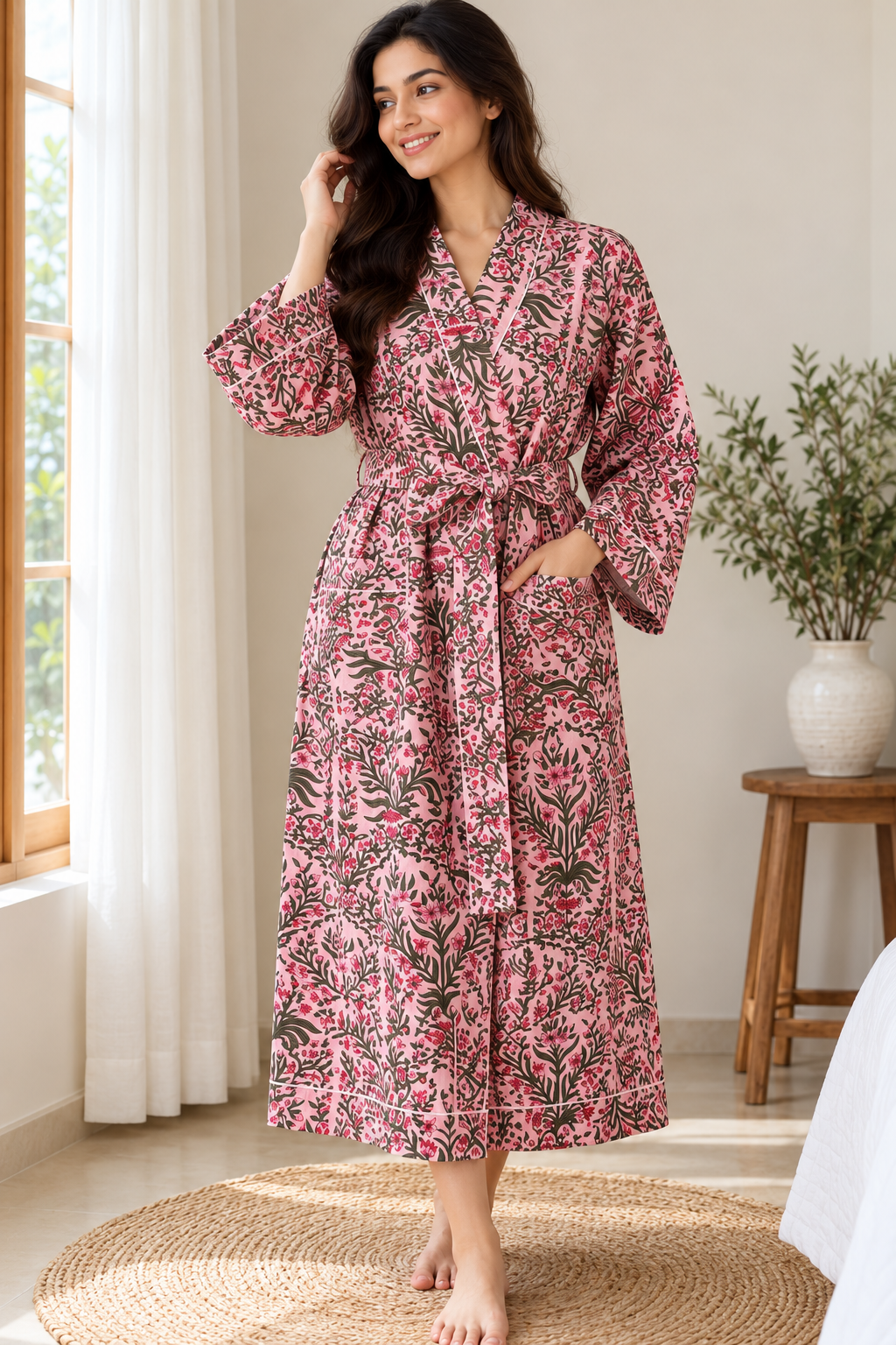 Dusty Rose Cotton Kimono Bathrobe | Olive Green Botanical Floral Motif Lounge & Spa Dress