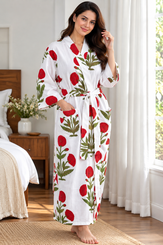 Handcrafted Block Print Cotton Kimono Robe | White & Bold Red Poppy Floral Lounge Robe | Spa & Sleepwear