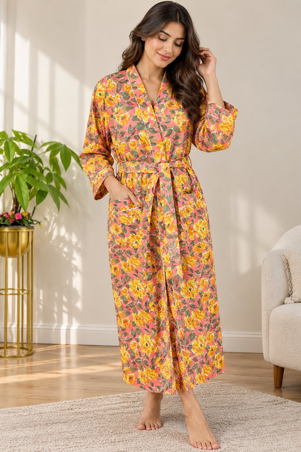 Handcrafted Block Print Cotton Kimono Robe | Coral Pink & Golden Yellow Sunburst Floral Lounge Robe | Spa & Sleepwear