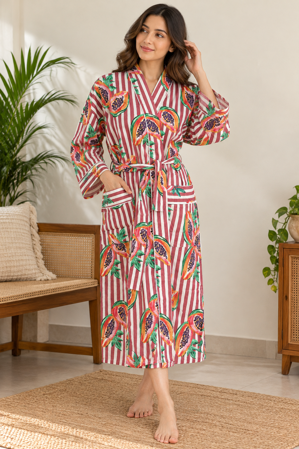 Slate Grey & White Stripe Cotton Kimono | Pomegranate Motif Block Print Spa Robe