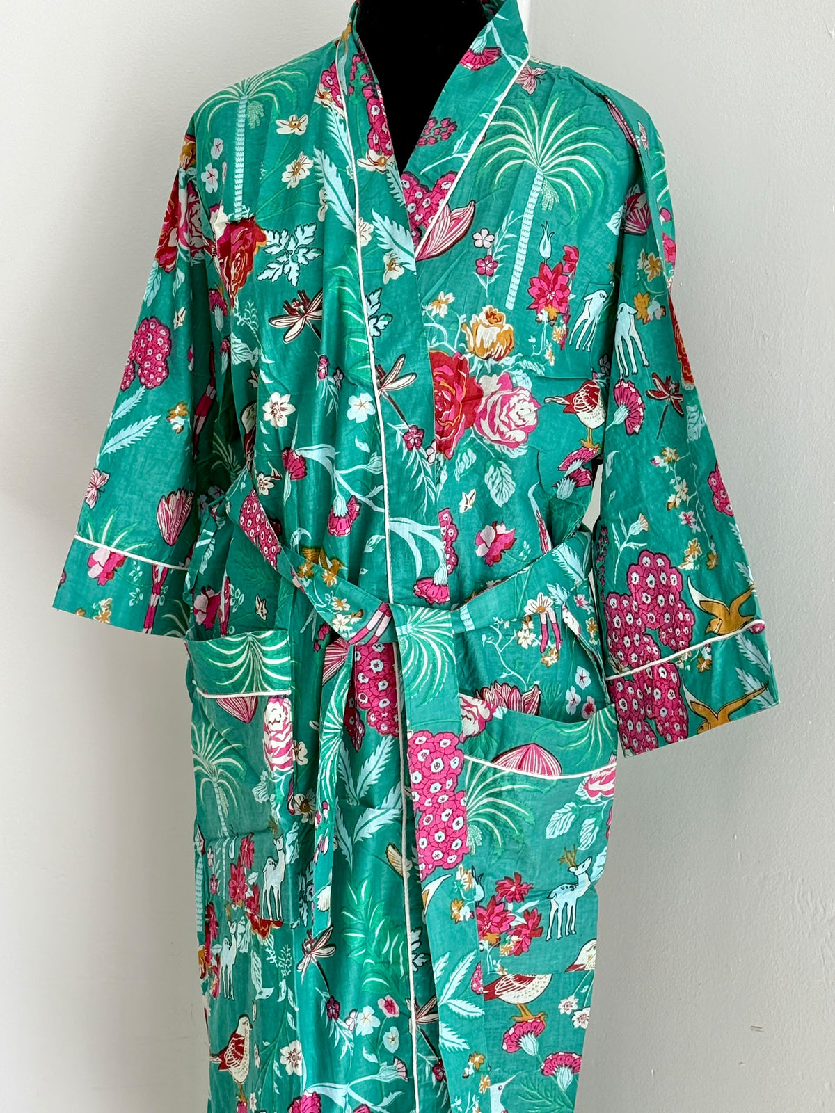 Hand Block Print Cotton Kimono Robe | Olive Green & Magenta Floral Garden Lounge Robe | Spa & Sleepwear