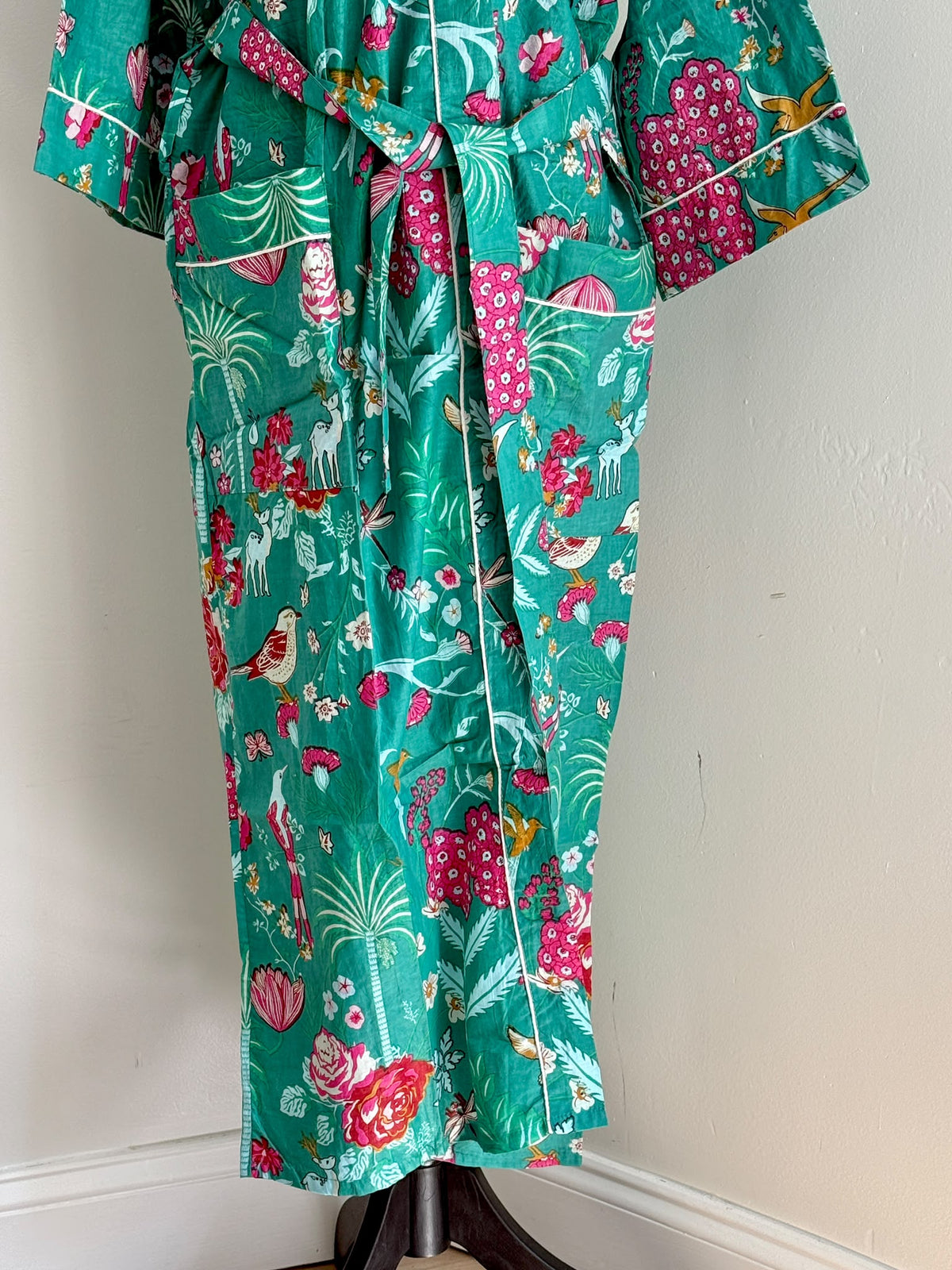 Hand Block Print Cotton Kimono Robe | Olive Green & Magenta Floral Garden Lounge Robe | Spa & Sleepwear