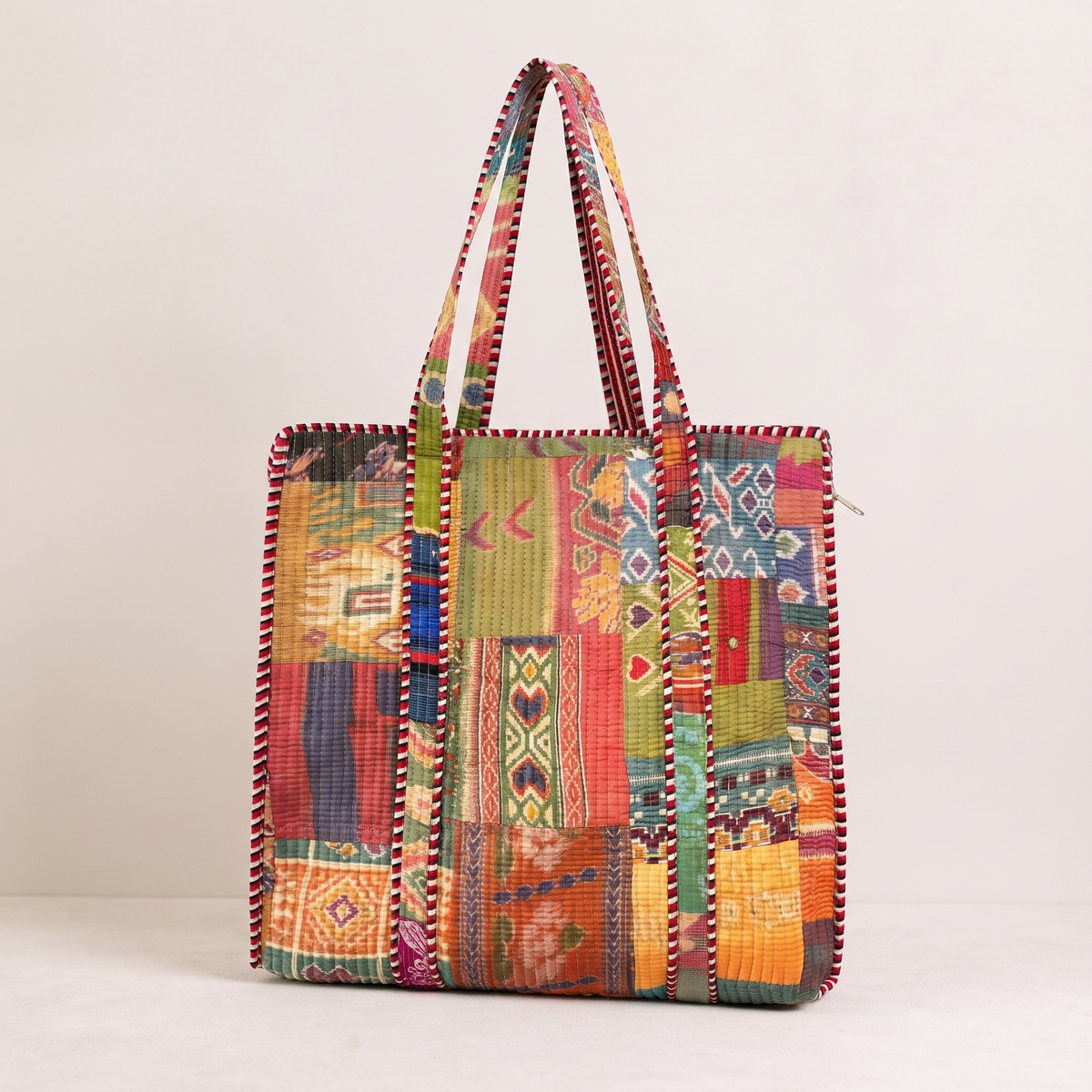 Handmade Vibrant Multicolor Patchwork Quilted Cotton Tote Bag, Indian Boho Shoulder Bag, Bohemian Travel Beach Bag