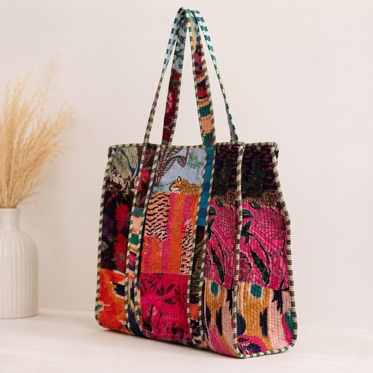 Handmade Vibrant Multicolor Patchwork Quilted Cotton Tote Bag, Indian Boho Shoulder Bag, Bohemian Travel Beach Bag