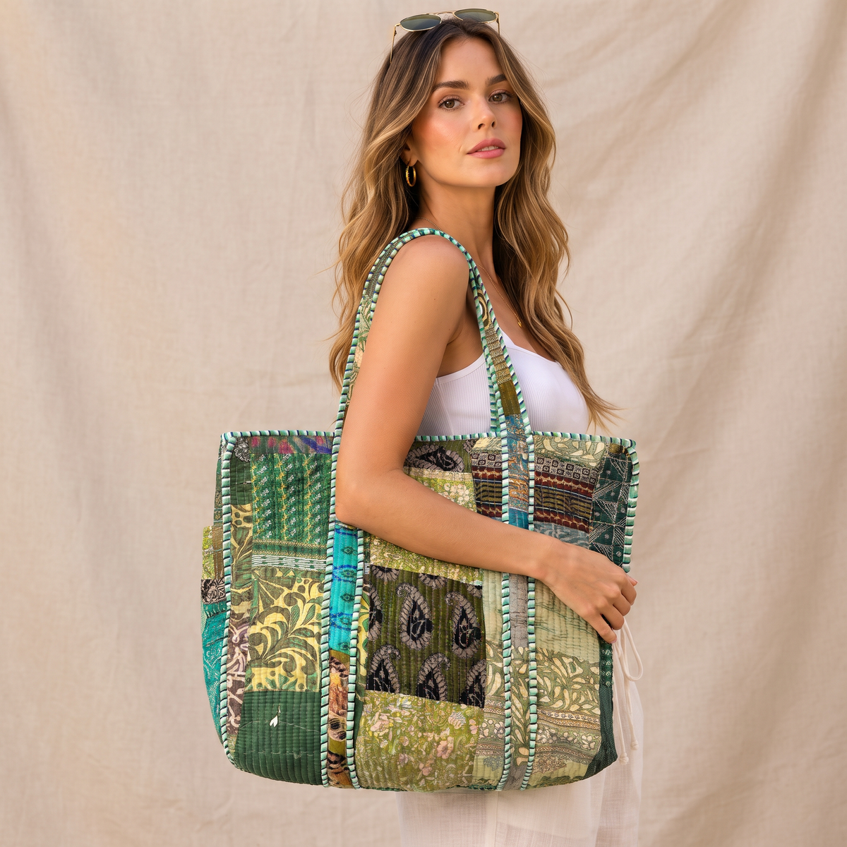 Handmade Vibrant Multicolor Patchwork Quilted Cotton Tote Bag, Indian Boho Shoulder Bag, Bohemian Travel Beach Bag