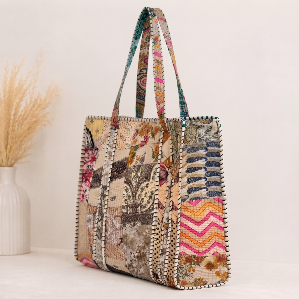 Handmade Vibrant Multicolor Patchwork Quilted Cotton Tote Bag, Indian Boho Shoulder Bag, Bohemian Travel Beach Bag