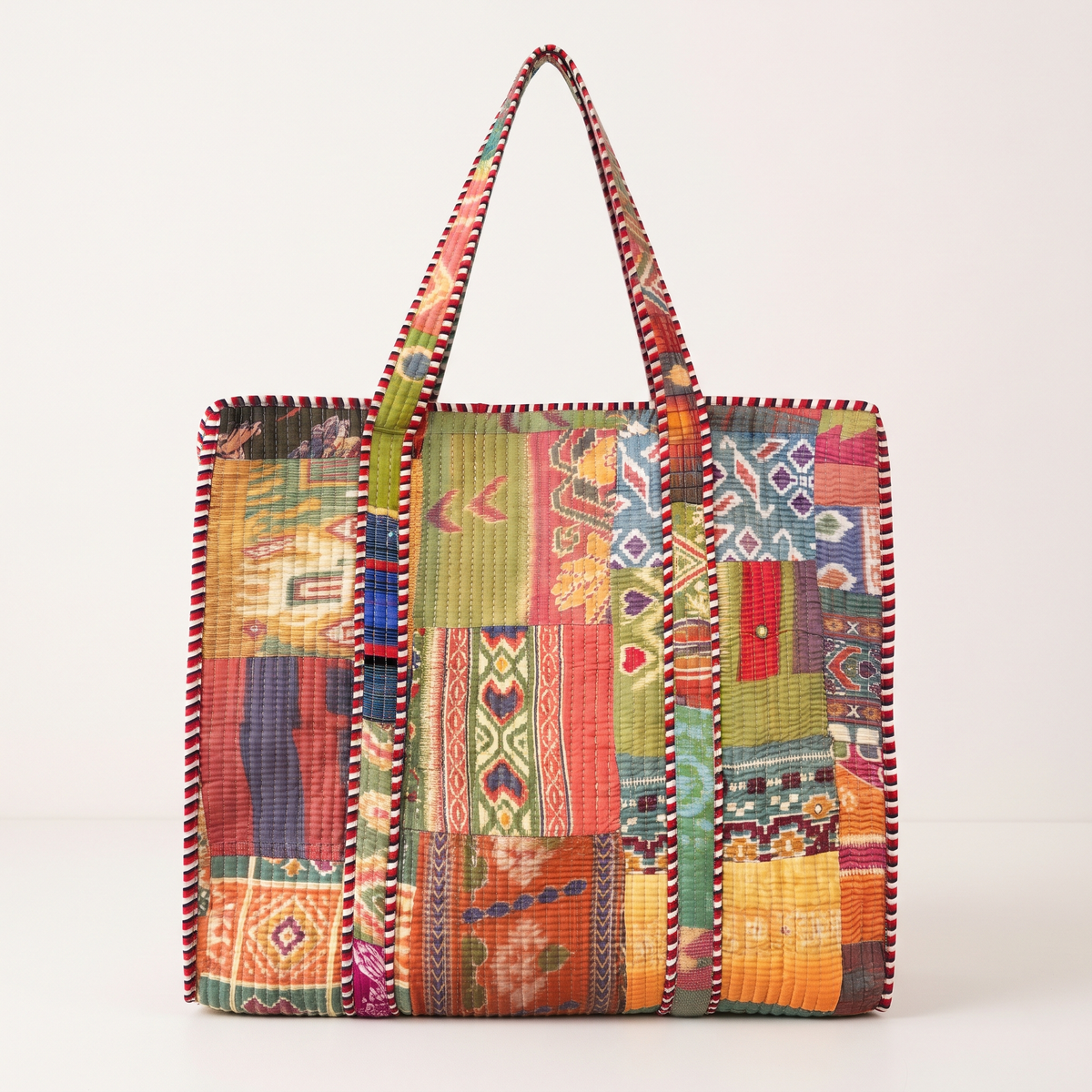 Handmade Vibrant Multicolor Patchwork Quilted Cotton Tote Bag, Indian Boho Shoulder Bag, Bohemian Travel Beach Bag