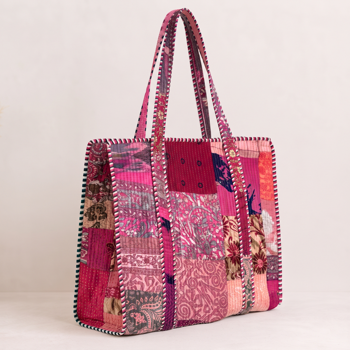 Handmade Vibrant Multicolor Patchwork Quilted Cotton Tote Bag, Indian Boho Shoulder Bag, Bohemian Travel Beach Bag