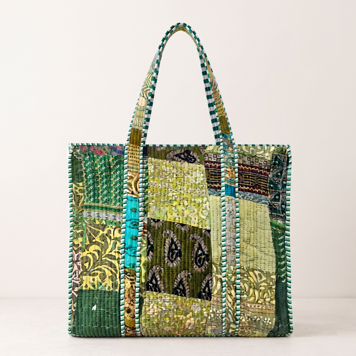 Handmade Vibrant Multicolor Patchwork Quilted Cotton Tote Bag, Indian Boho Shoulder Bag, Bohemian Travel Beach Bag