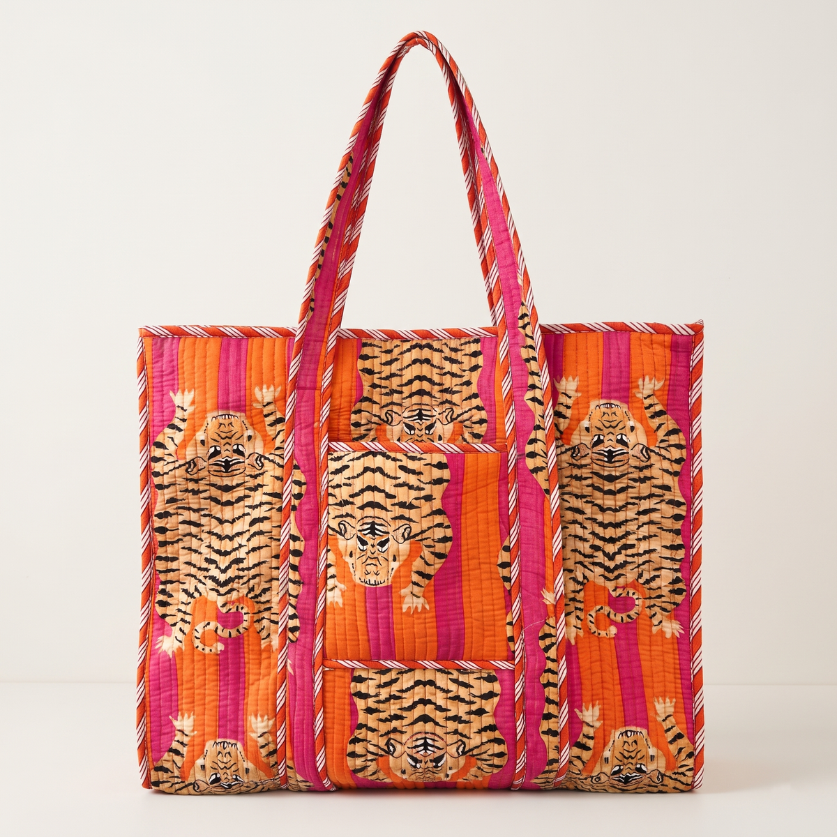 Handmade Orange Pink Bengal Tiger Block Print Quilted Cotton Tote Bag, Indian Boho Shoulder Bag, Exotic Animal Travel Beach Bag