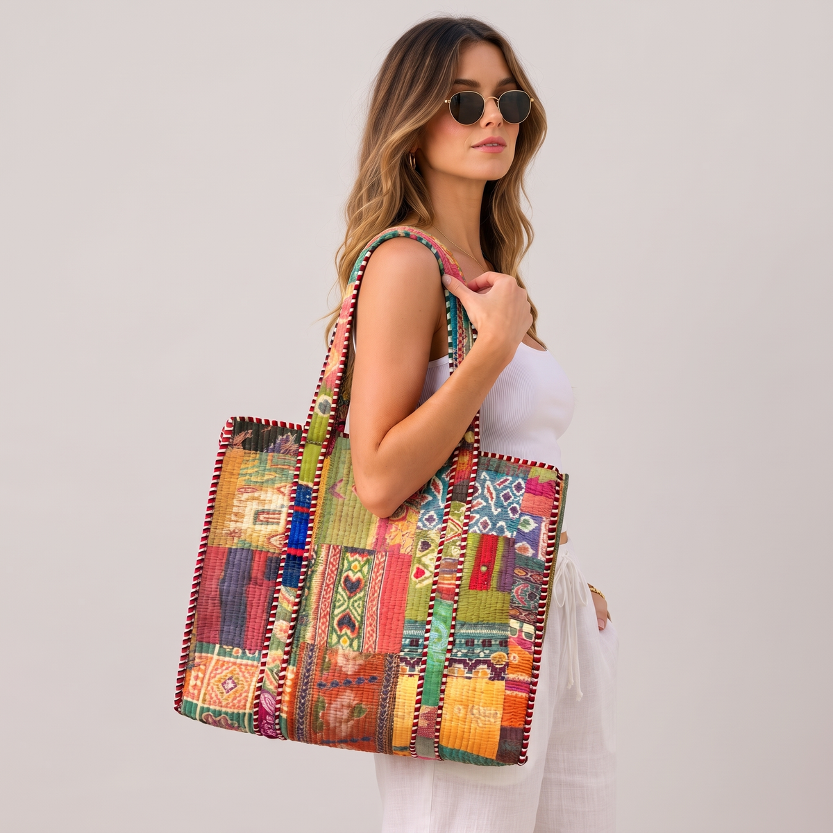 Handmade Vibrant Multicolor Patchwork Quilted Cotton Tote Bag, Indian Boho Shoulder Bag, Bohemian Travel Beach Bag