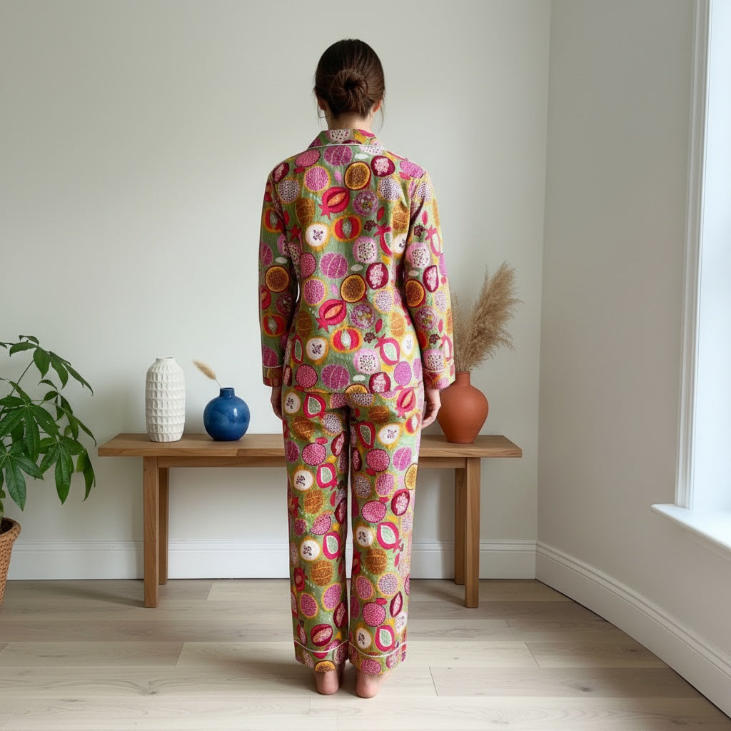 Green Pomegranate Block print Cotton PJ set