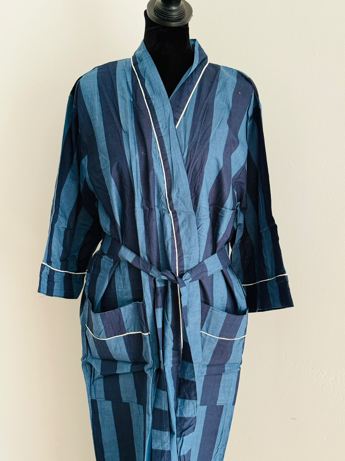 Block Printed Cotton Kimono Sleepwear | Navy & Light Blue Striped Bathrobe | Comfy Casual Loungewear | Bridesmaids Gift