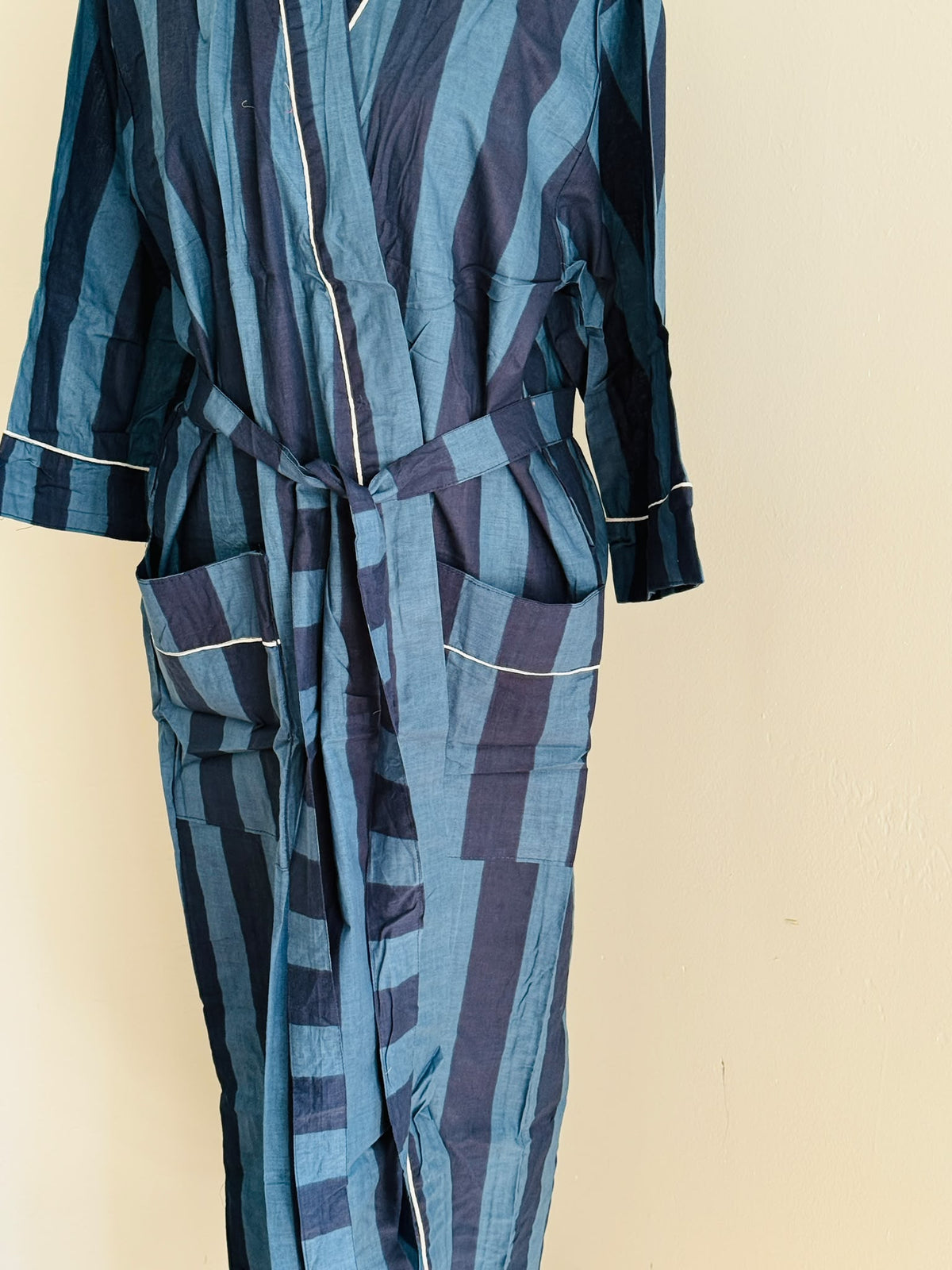Block Printed Cotton Kimono Sleepwear | Navy & Light Blue Striped Bathrobe | Comfy Casual Loungewear | Bridesmaids Gift