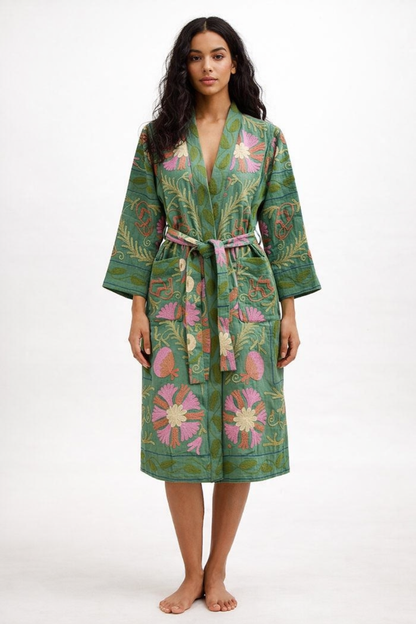 Suzani Embroidery Bath Robe in Green