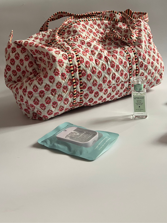 White & Red Block Printed Pink Duffle Bag