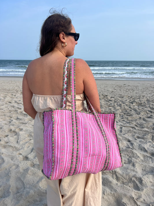 Baby Pink Block Printed Tote Bag