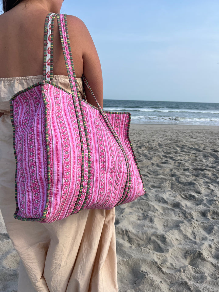 Baby Pink Block Printed Tote Bag