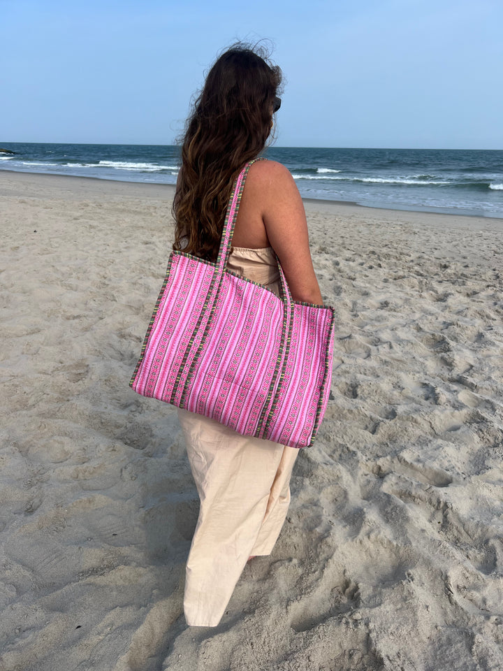 Baby Pink Block Printed Tote Bag