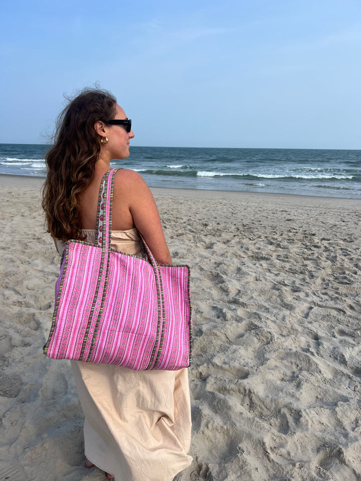 Baby Pink Block Printed Tote Bag