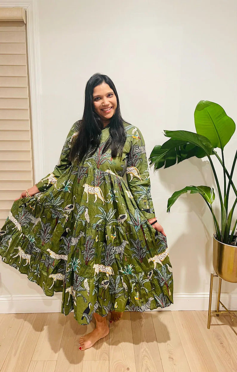 Green Block Printed Animal Midi Dress