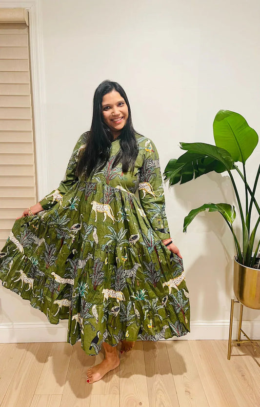 Green Block Printed Animal Midi Dress