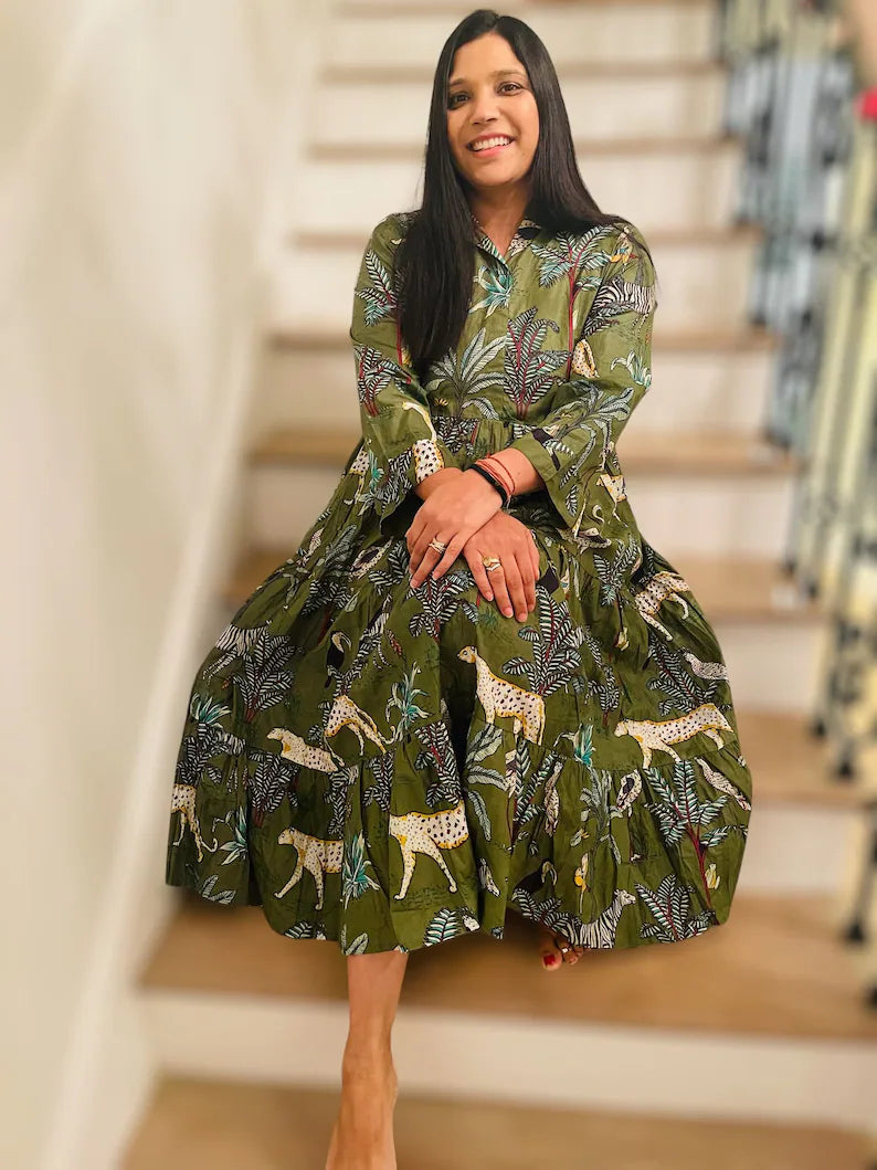Green Block Printed Animal Midi Dress