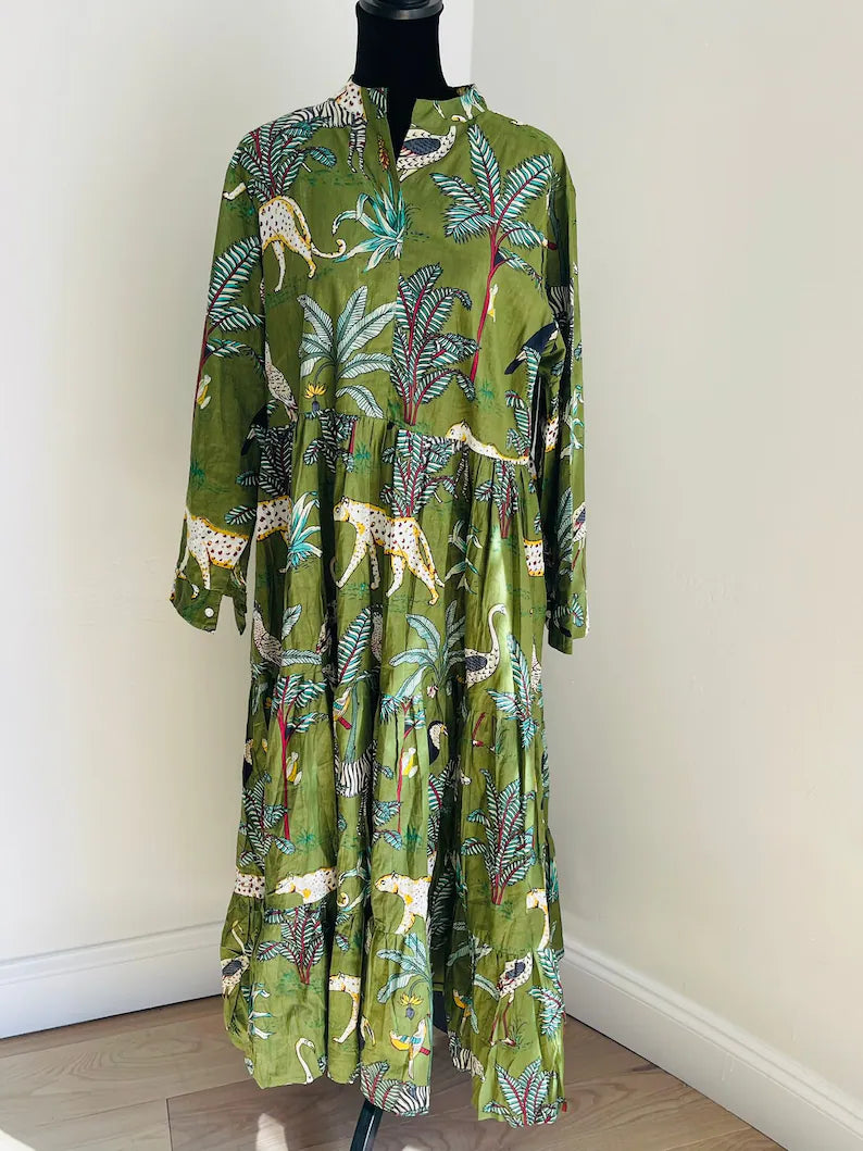 Green Block Printed Animal Midi Dress