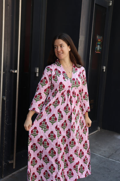 'Noor-e-Gulabi' Block Printed Midi Dress