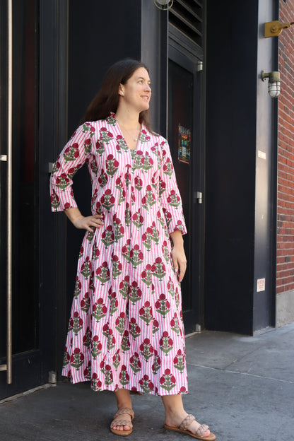 'Noor-e-Gulabi' Block Printed Midi Dress