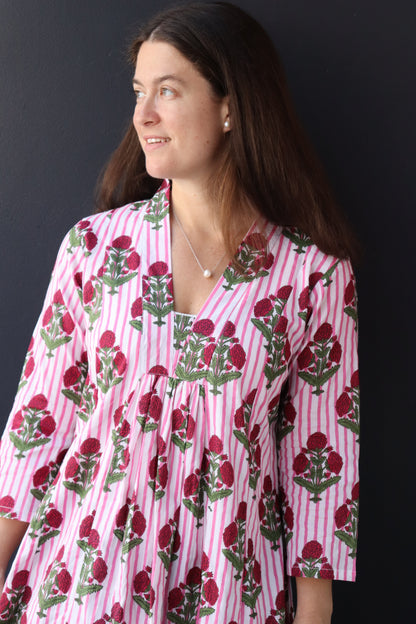 'Noor-e-Gulabi' Block Printed Midi Dress