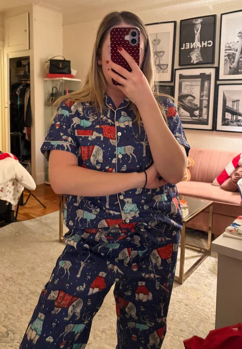 Navy Blue Festive Winter Forest & Reindeer Block Print Cotton Pajama Set, Holiday Sleepwear & Loungewear, Christmas Gift (Copy)