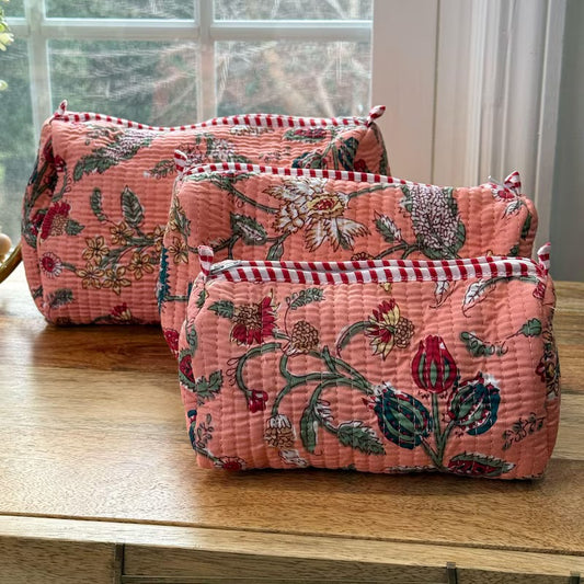 Floral Block Printed Toiletry Bag - Set of 3