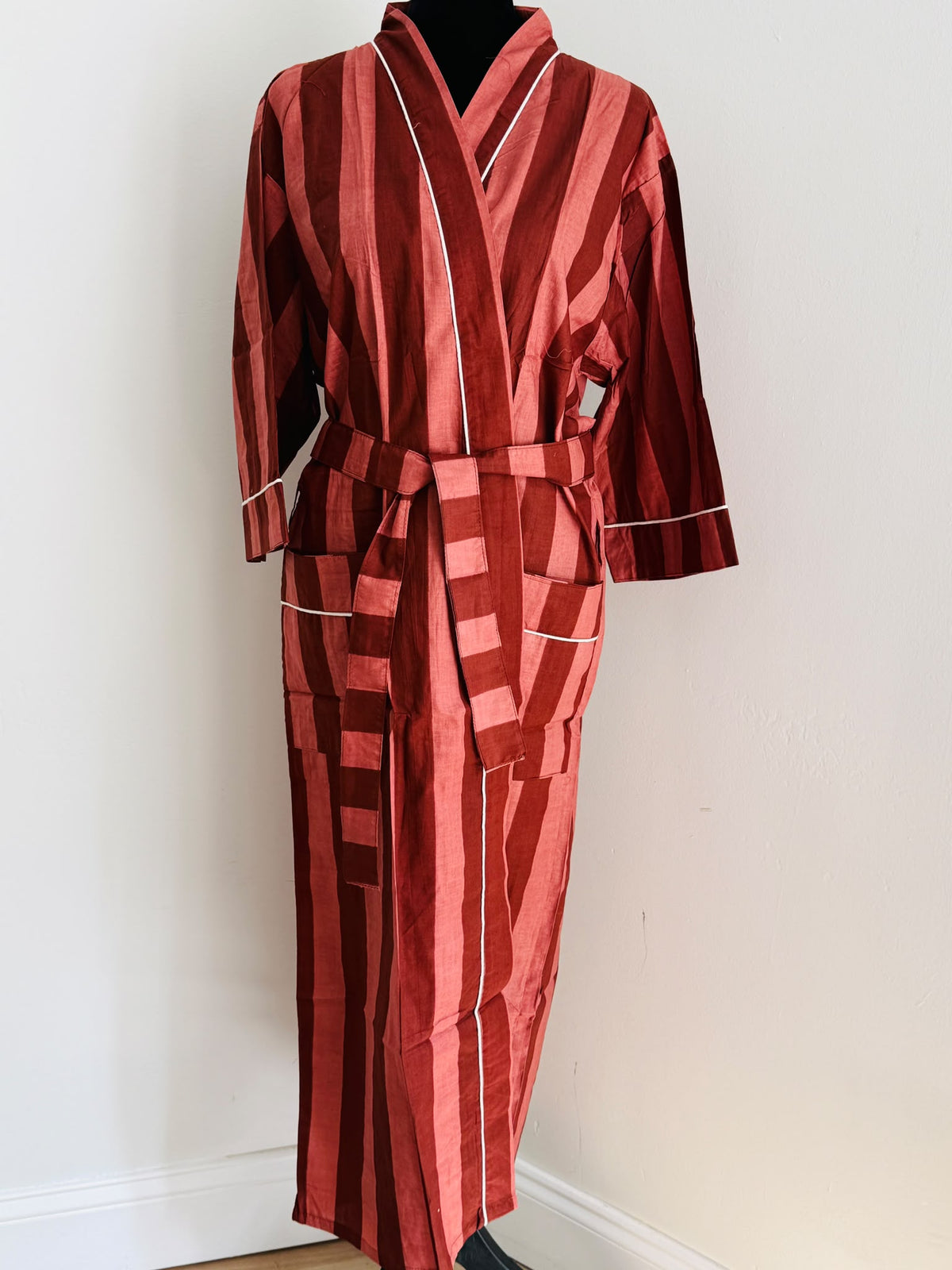 Block Printed Cotton Kimono Sleepwear | Navy & Light Blue Striped Bathrobe | Comfy Casual Loungewear | Bridesmaids Gift