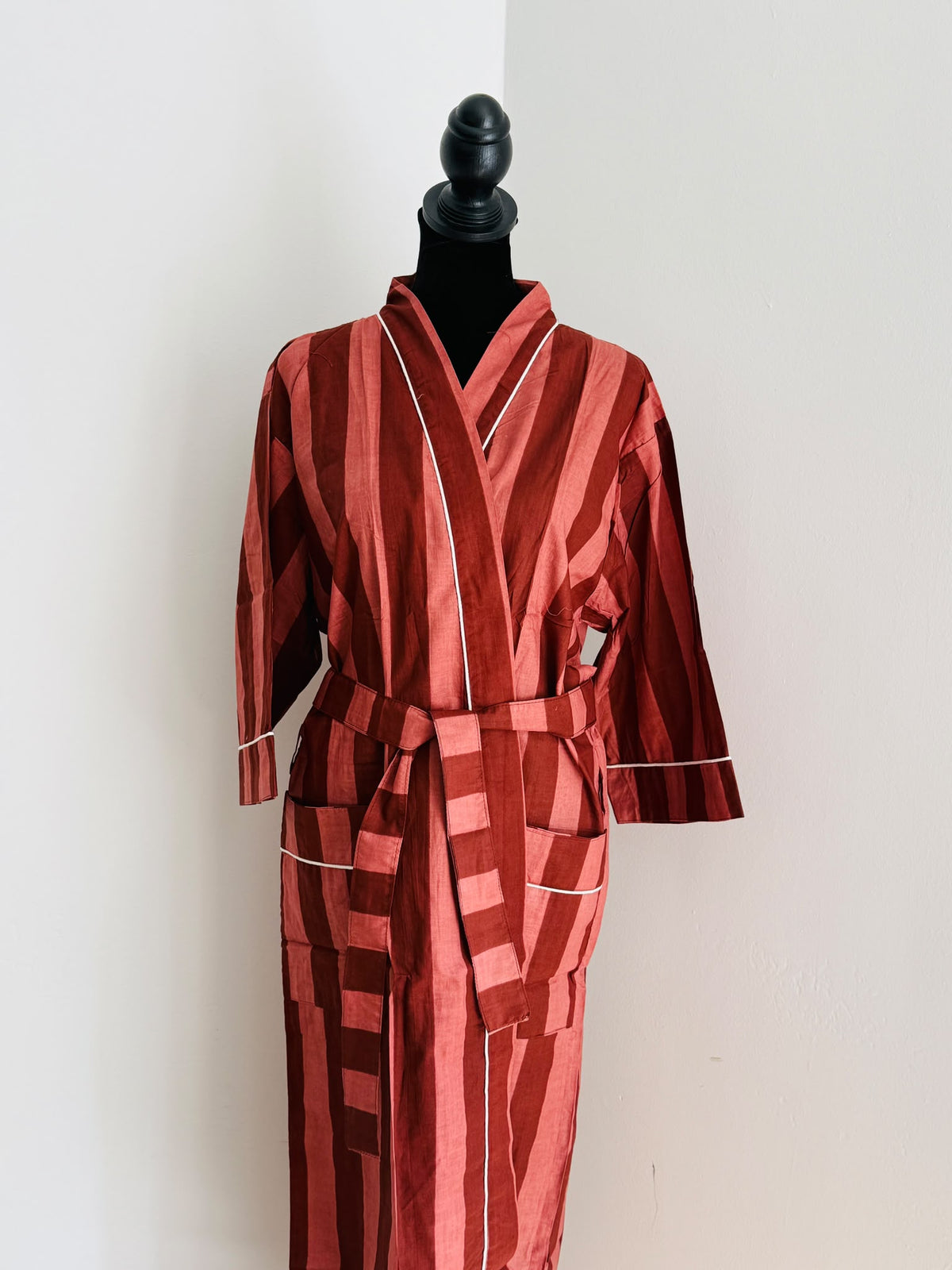 Block Printed Cotton Kimono Sleepwear | Navy & Light Blue Striped Bathrobe | Comfy Casual Loungewear | Bridesmaids Gift