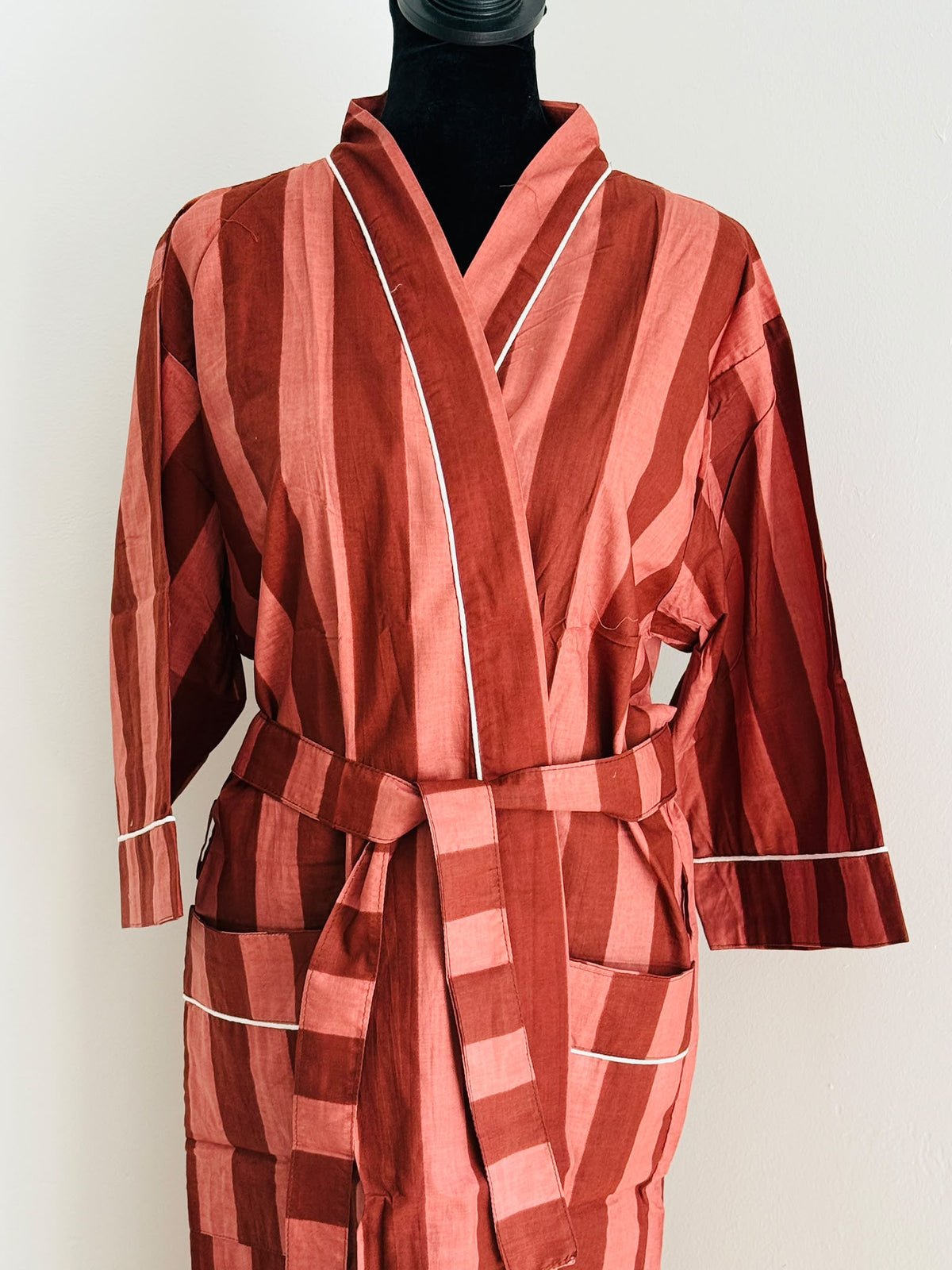 Block Printed Cotton Kimono Sleepwear | Navy & Light Blue Striped Bathrobe | Comfy Casual Loungewear | Bridesmaids Gift