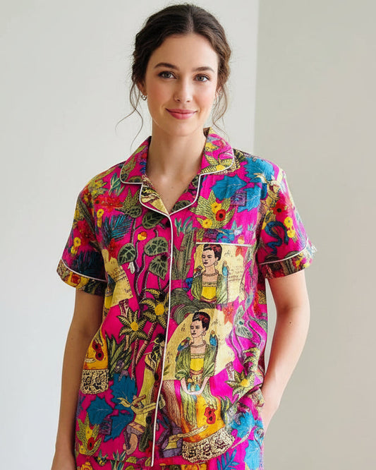 Hot Pink Frida Kahlo & Tropical Forest Block Print Cotton Shorts Set, Colorful Sleepwear & Loungewear