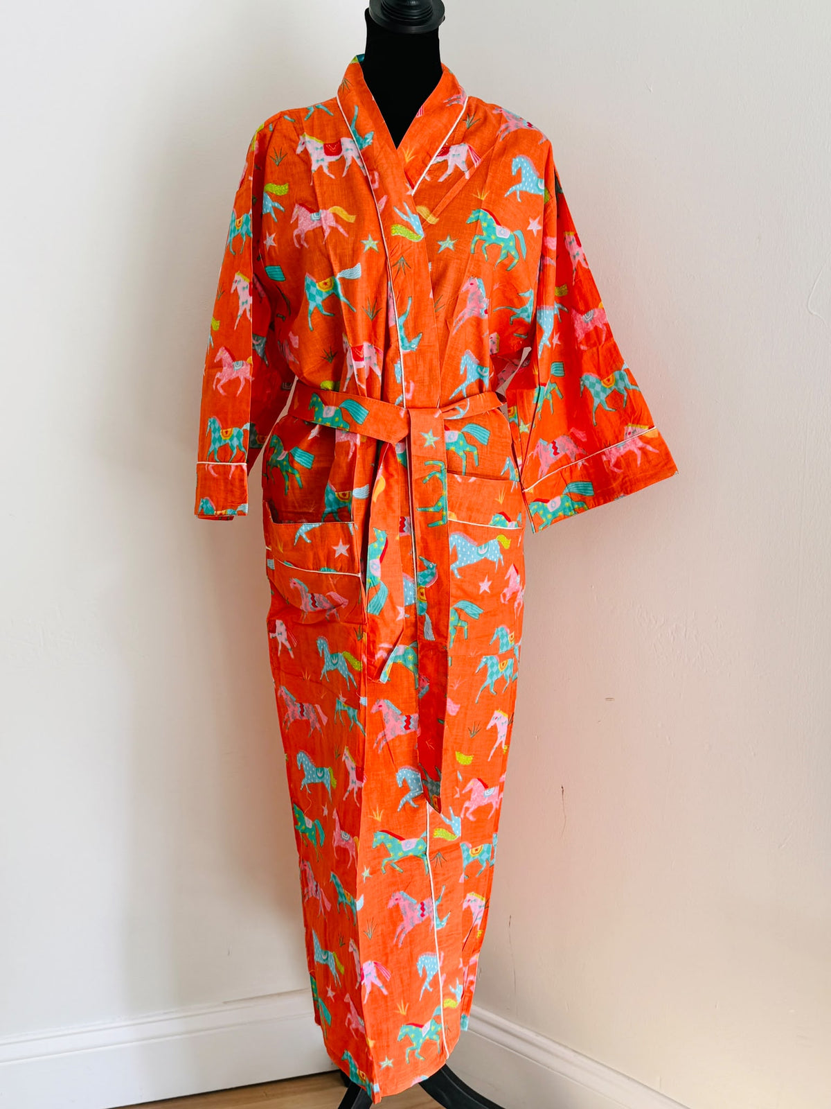 Sunset Orange & Turquoise Carousel Horse Print Kimono | Cotton Novelty Wrap Bathrobe & Lounge Dress