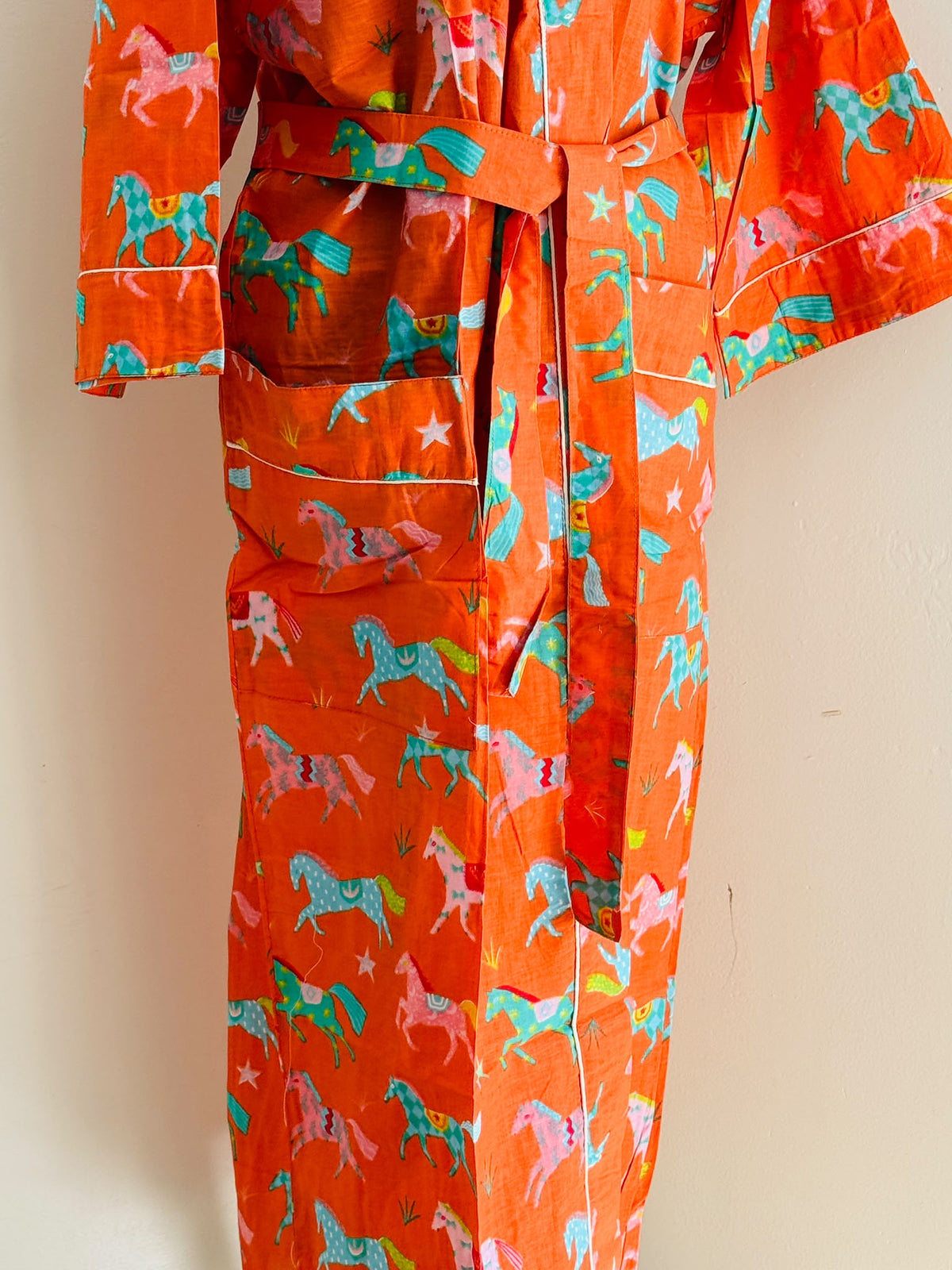 Sunset Orange & Turquoise Carousel Horse Print Kimono | Cotton Novelty Wrap Bathrobe & Lounge Dress