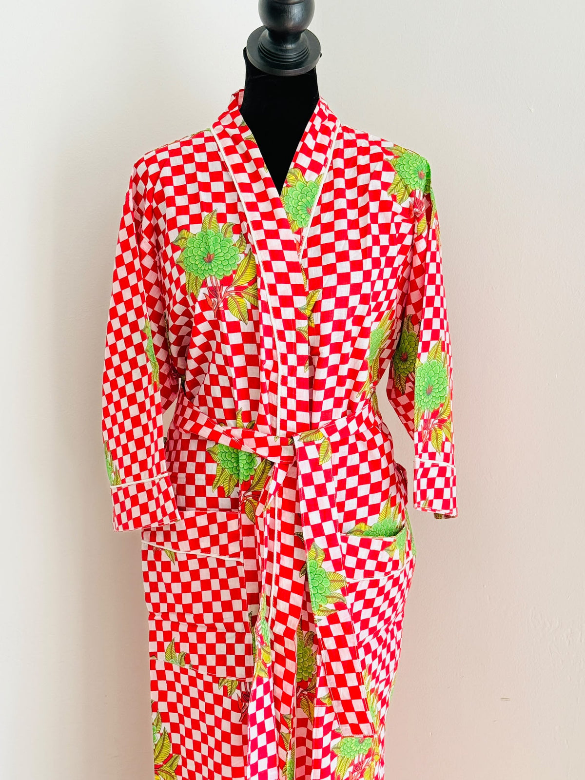 Block Print Cotton Kimono Robe | Red & White Checkered with Green Floral Lounge Robe | Spa & Sleepwear