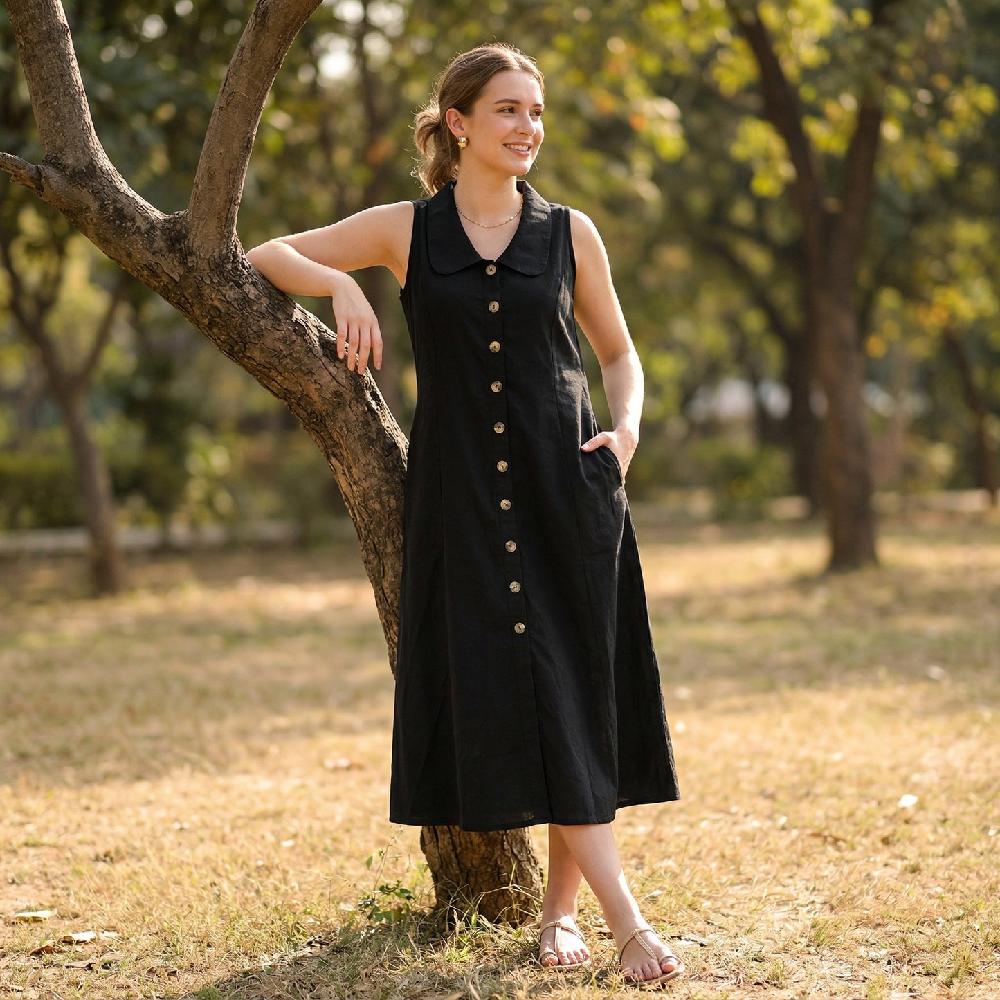 Black Sleeveless A-Line Linen Cotton Midi Dress