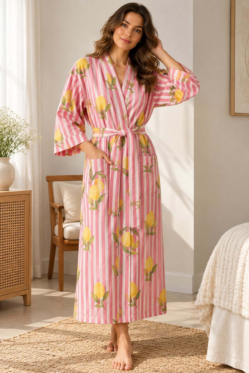 Pink & Light Pink Striped Cotton Kimono | Citrus Lemon Print Block Lounge Robe & Sleepwear